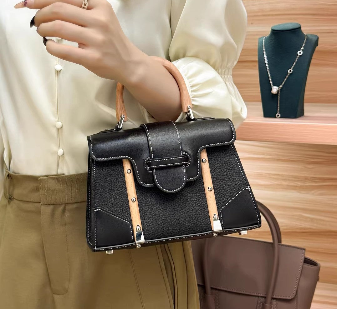 Genuine Leather Shoulder Bag with Bamboo Handle