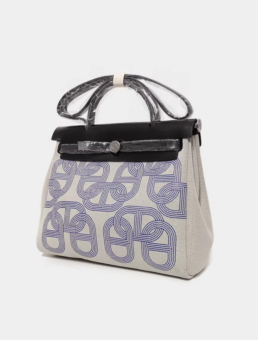 Blue Geometric Canvas and Leather Bag
