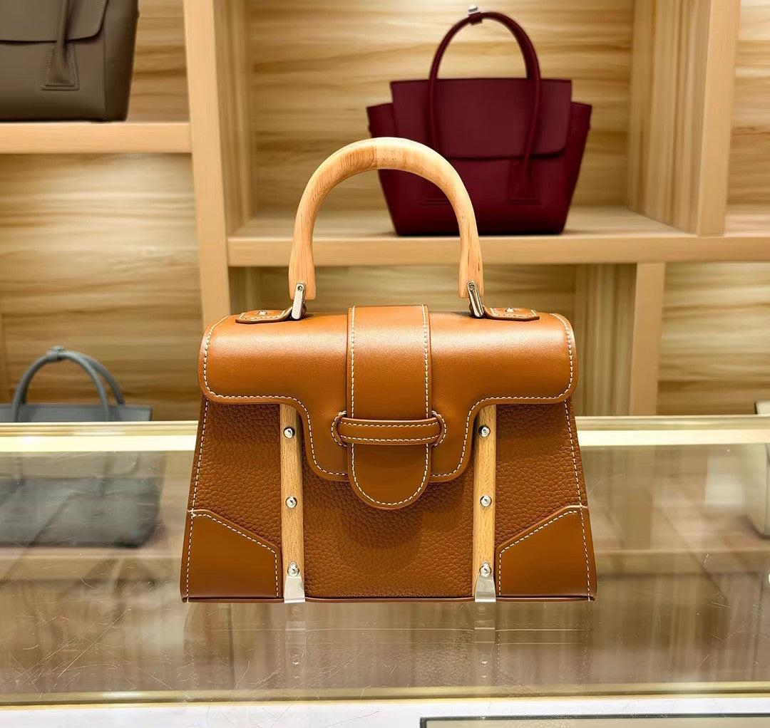 Genuine Leather Shoulder Bag with Bamboo Handle