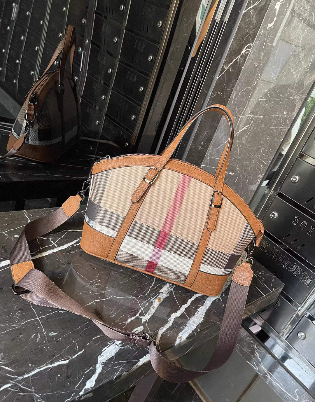 Leather Plaid Shell Bag
