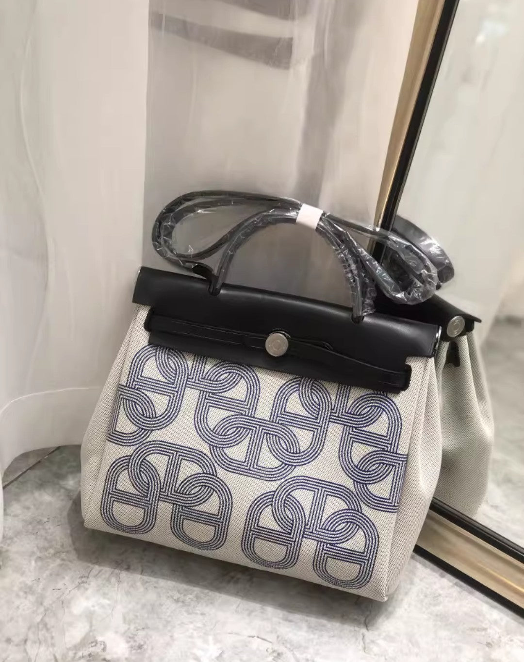 Blue Geometric Canvas and Leather Bag