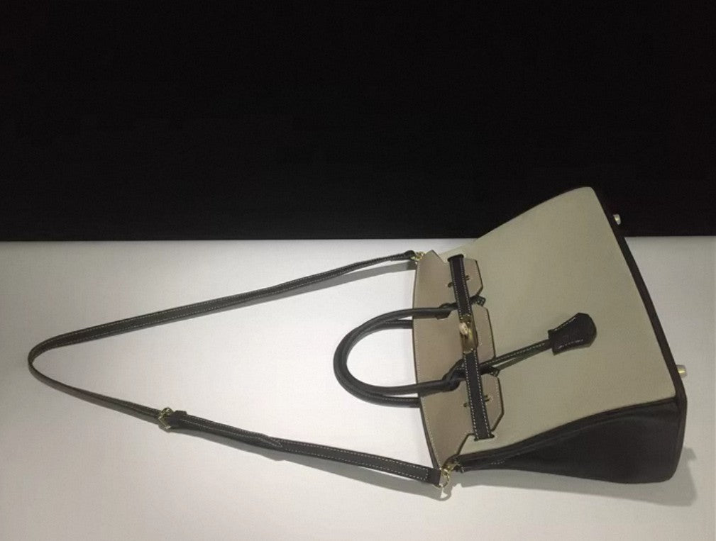 Black and White Full Top Grain Leather Tote Bag