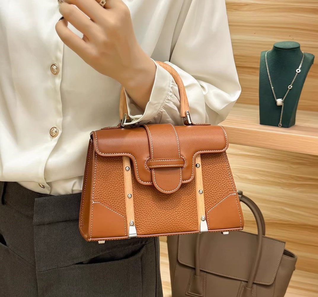 Genuine Leather Shoulder Bag with Bamboo Handle
