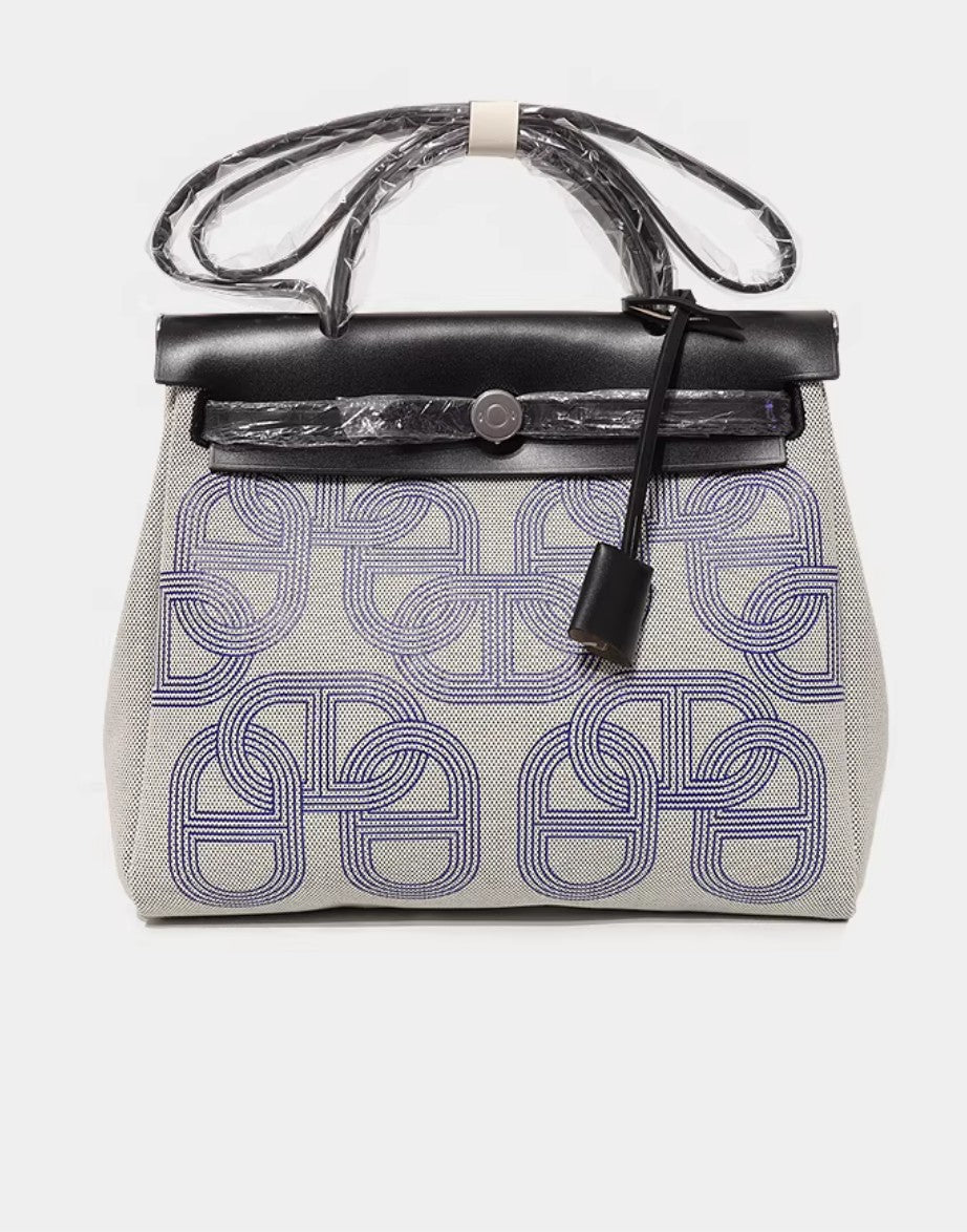Blue Geometric Canvas and Leather Bag
