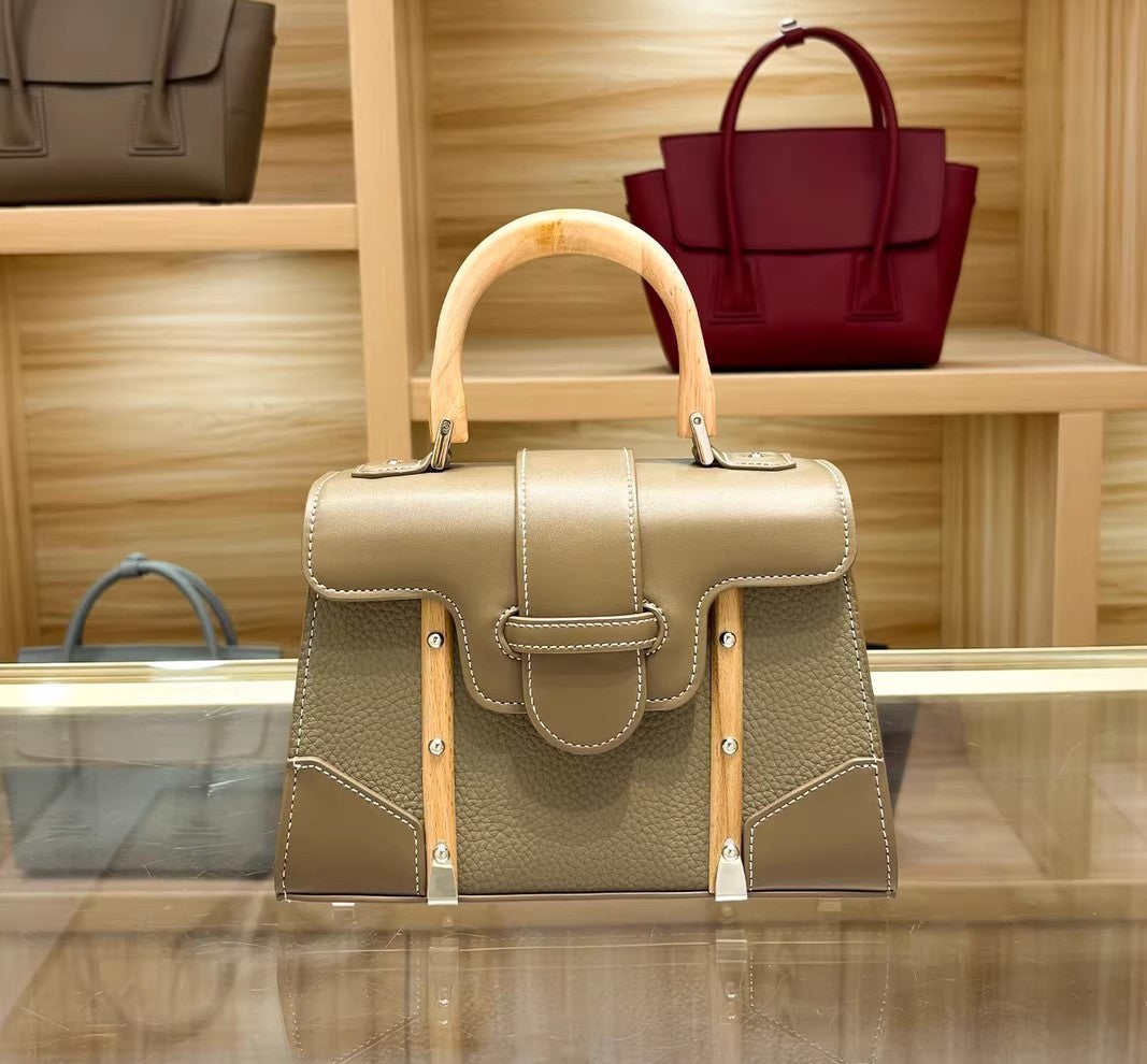 Genuine Leather Shoulder Bag with Bamboo Handle