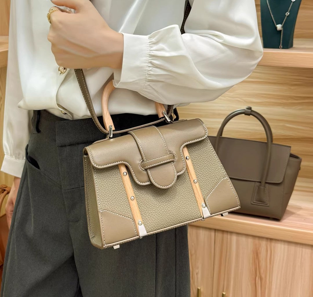Genuine Leather Shoulder Bag with Bamboo Handle