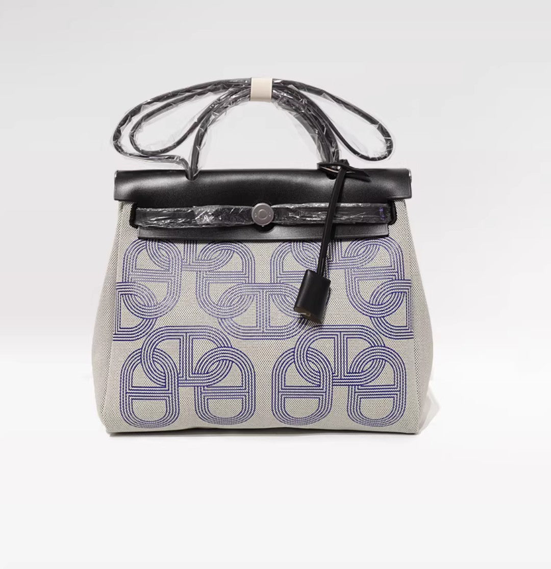 Blue Geometric Canvas and Leather Bag